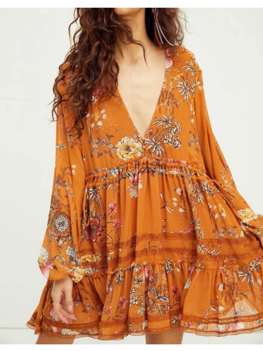 Free People Floral V-Neck Tiered Mini Dress in Rust Orange